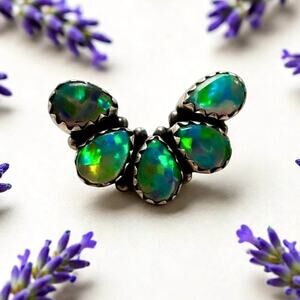 Aurora Opal Naja Ring Stackable Sterling Silver Size 8  Artisan Handmade